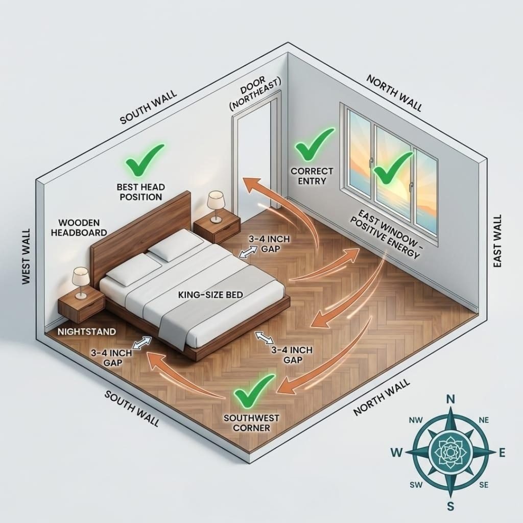 Bedroom layout showing bed with head towards east as per Vastu