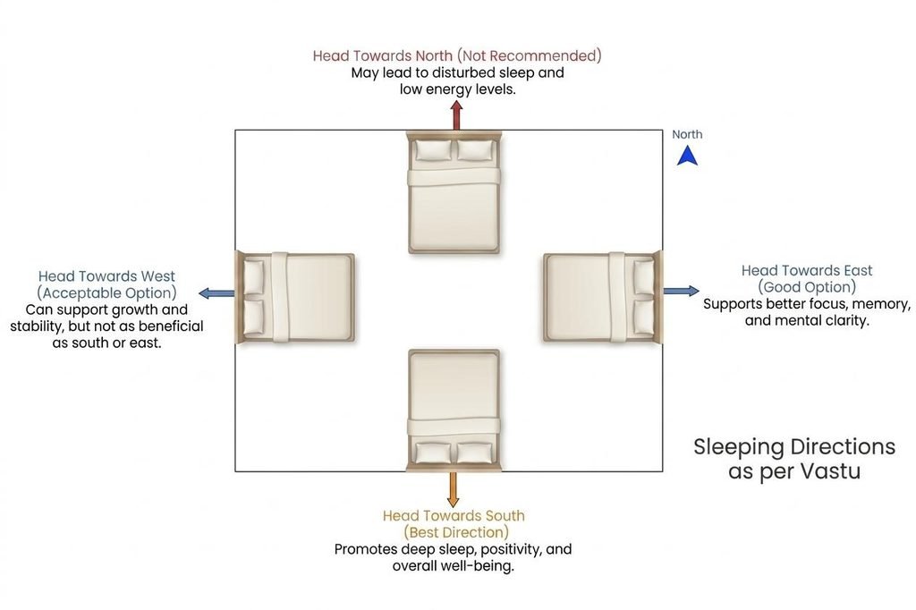 Bedroom layout showing bed with head towards south as per Vastu